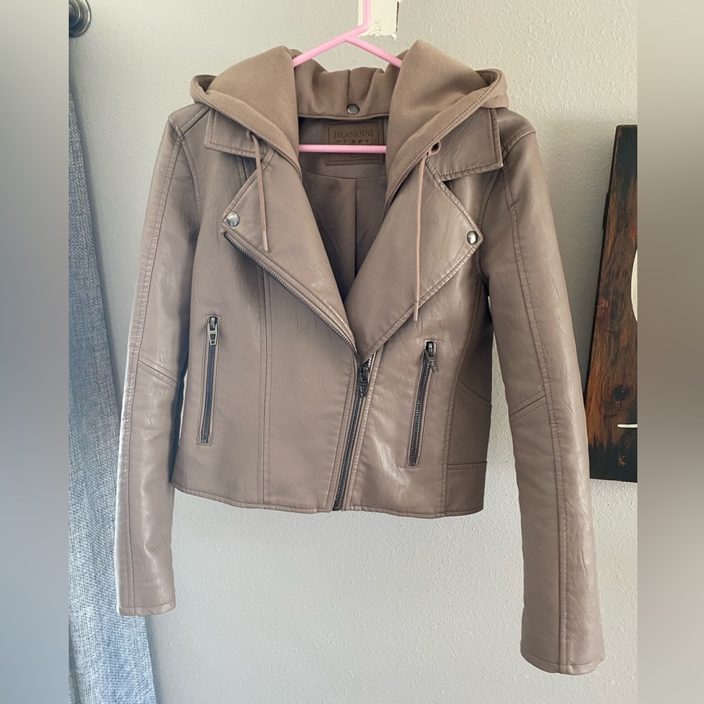Like new nude blank nyc faux leather moto jacket with removable hood